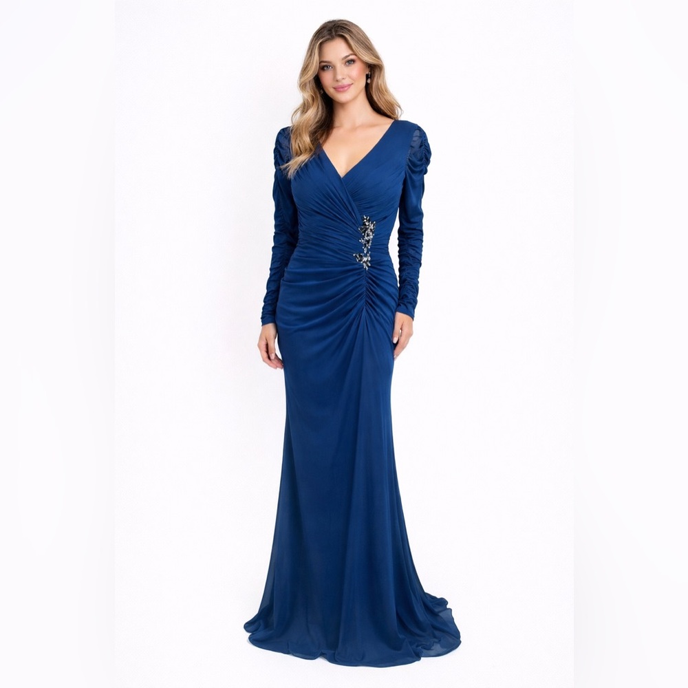 Adrianna Papell Occasions Blue Rushed Gown Dress Jewels size 6
